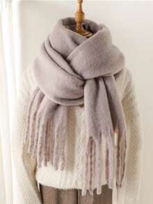 1pc Modern Minimalist Solid Color Fluffy Tassel Warm And Comfortable Shawl Scarf For Women, Suitable For Daily Outings, Commuting, Parties, Leisure, Balls, And Other Occasions, Fashionable And Elegant Women's Accessory - Army Green - View 20