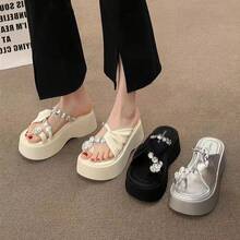 Sandalias de plataforma con suela gruesa que aumentan la altura para mujeres, nuevas sandalias de moda de verano 2025 con correa en el dedo y rhinestones para usar con vestidos. - Blanco - Ver 4