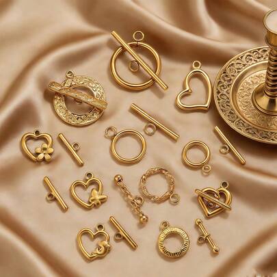 5 pares de broches de acero inoxidable chapados en oro de 18K con diseños vintage de corazón / mariposa / flor / círculo grabado, conectores para pulseras y collares, accesorios para manualidades de joyería DIY y accesorios diarios