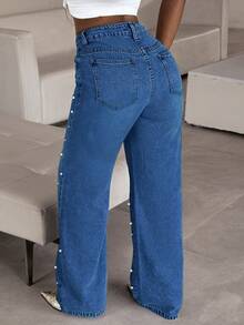 Quần jeans nữ ống đứng cạp trung bình với chi tiết ngọc trai giả - Màu nhuộm cổ điển, túi tiện dụng, dáng ôm, quần jeans thường ngày đa năng. - Rửa tối - Xem 6