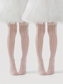 2pcs Girls' Pink Anti-Snag Sheer Socks, Heart/Polka Dot/Striped Decorative, Cute & Fashionable Hollow Breathable Mesh Stockings, Casual Thin Comfortable Versatile Tights, Suitable For Lolita/Party/Performance/Casual Events/Valentine's Day - Pink - View 1