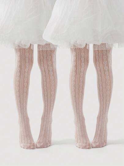 2pcs Girls' Pink Anti-Snag Sheer Socks, Heart/Polka Dot/Striped Decorative, Cute & Fashionable Hollow Breathable Mesh Stockings, Casual Thin Comfortable Versatile Tights, Suitable For Lolita/Party/Performance/Casual Events/Valentine's Day