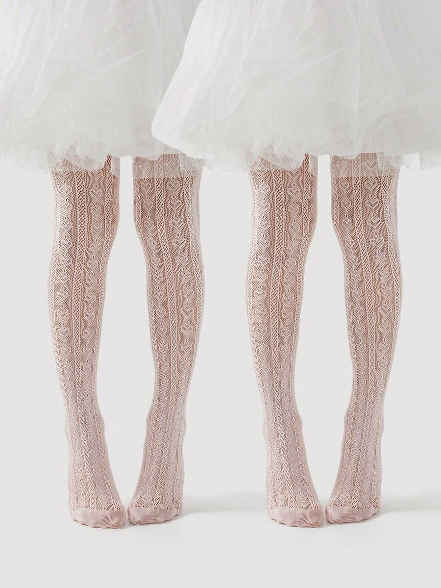 2pcs Girls' Pink Anti-Snag Sheer Socks, Heart/Polka Dot/Striped Decorative, Cute & Fashionable Hollow Breathable Mesh Stockings, Casual Thin Comfortable Versatile Tights, Suitable For Lolita/Party/Performance/Casual Events/Valentine's Day - Pink - View 1