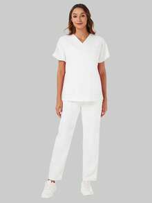 Worker Uniform Set: V-Neck Short Sleeve Top And Pants White Spring - White - View 6