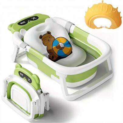 Collapsible Pet Bathing Tub, Bear-Themed Tri-Fold Design, Includes Tub, Bath Mat, And Shower Cap, Available In Various Colors, Ideal For Both Kittens And Puppies