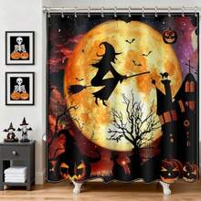 Cortina de ducha de Halloween bruja voladora castillo de Halloween cortina de baño de terror naranja noche luna poliéster juego de cortina de ducha de 72 x 72 pulgadas con 12 - Bruja - Ver 1