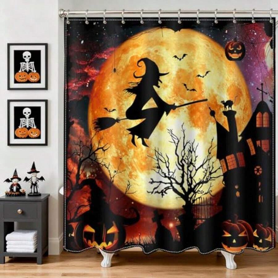 Cortina de ducha de Halloween bruja voladora castillo de Halloween cortina de baño de terror naranja noche luna poliéster juego de cortina de ducha de 72 x 72 pulgadas con 12 - Bruja - Ver 1