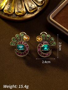 1件复古欧美风格孔雀扇形彩色宝石设计独特小众奢华优雅时尚耳环，采用铜合金底座，镶嵌宝石，适合作为情人节和母亲节的高端礼物，也适合日常佩戴、派对和特殊场合。 - 彩色 - 查看 5