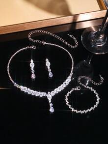 5pcs Luxury Rhinestone Jewelry Set, Including Necklace, Earrings, Bracelet And Ring, Designed For Women's Daily Commute, Wedding, Party And Holiday Gifts - Silver - View 2