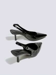 女士黑色时尚高跟鞋，7厘米猫跟露趾派对高跟鞋，婚鞋，玛丽珍鞋，正式礼服鞋，无后跟系带尖头高跟鞋 - 黑色 - 查看 5