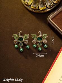 Vintage-Inspired Peacock Feather Design Necklace & Earrings Set With Green Gemstone And Faux Pearl, Luxurious And Elegant Jewelry Suitable For Important Occasions, Parties, Weddings, Gifts For Valentine's Day And Mother's Day - Multicolor - View 6