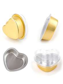 30 sets de mini moldes de aluminio para magdalenas con tapas, 100 ML/ 3.4 onzas, moldes para pasteles con forma de corazón, tazas desechables para magdalenas y flanés para San Valentín, Día de la Madre, boda y cumpleaños, color dorado - Dorado - Ver 6