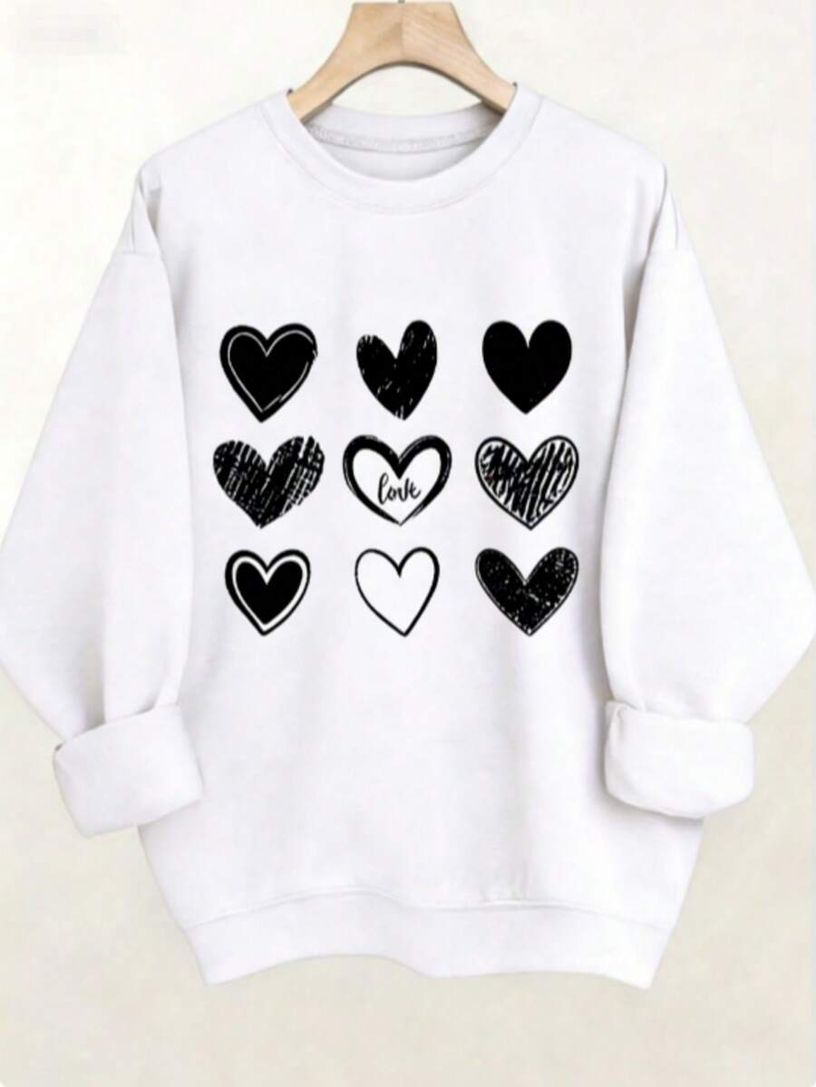 Women's Valentine's Day Heart Print Sweatshirt - Soft Stretchy Pullover Sweater, Cozy Casual Round Neck Long Sleeve Blouse, Light Beige-Friendly For F - 白色 - 查看 1