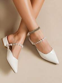 Giày mules hở gót mũi nhọn đính ngọc trai mới dành cho nữ, gót thấp, kiểu dáng casual. - Màu be - Xem 3