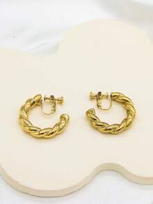 1对经典个性化18K镀金不锈钢不对称几何扭曲C形夹式耳环，适合男士、情侣、派对佩戴