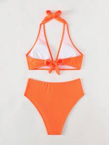 Women's Solid Color Sexy Metal Jewelry Triangle Hanging Neck Bikini Two Pieces Set - Orange - View 5