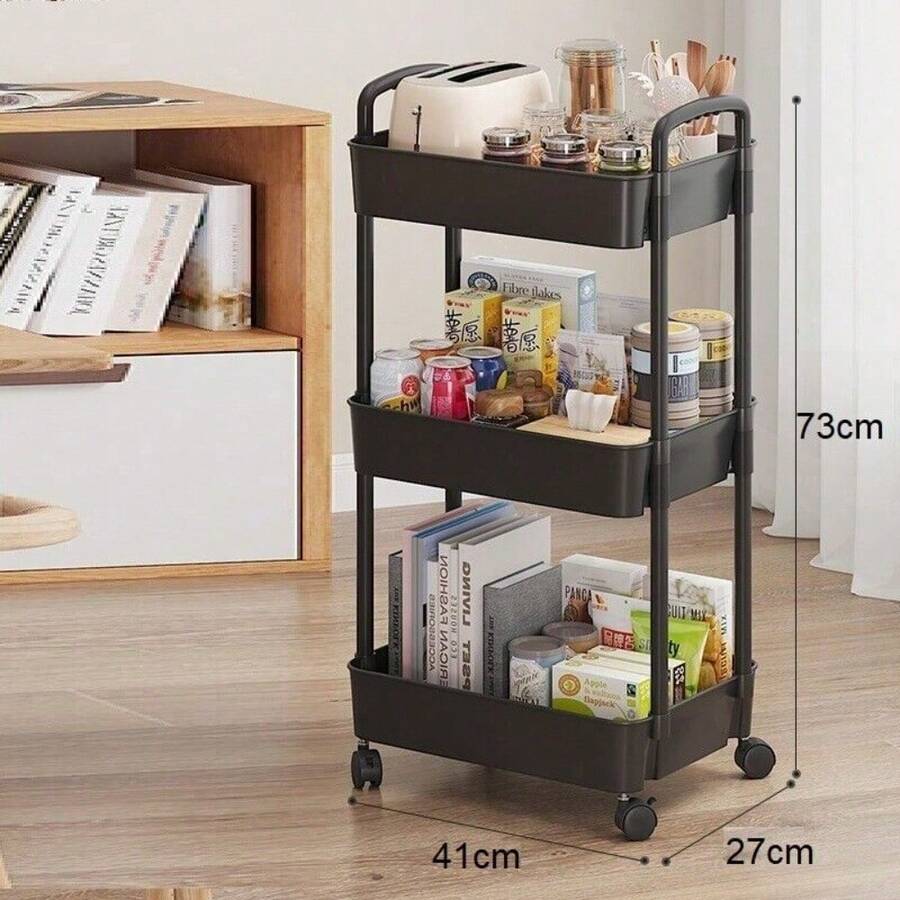 3 Tier Storage Trolley Cart On Wheels Kitchen Bathroom Laundry Rolling Rack - Black - View 1