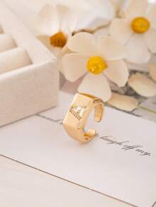 1pc Luxury Initial Open Ring, A-Z Letter Block Design With Cubic Zirconia, Adjustable Fashion Ring For Girl & Teens, Gift For Friends - Gold - View 4