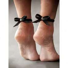 2PCS Halloween Costume Women's Black PU Leather Bow Feet Chain Fashionable Ankle Decorations For Par - 黑色 - 查看 3