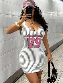 Women's V-Neck Sleeveless Dress, Fashion Casual, Striped Print, Suitable For Spring/Summer Party, Everyday Wear, Street Style, White Dress - Multicolor - View 4