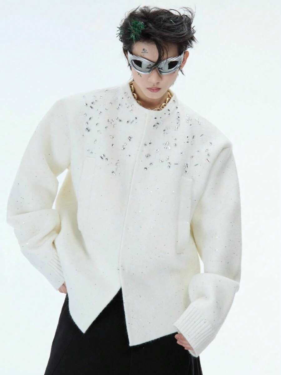 Cárdigan holgado con destellos de diamantes, estilo casual chic - Blanco - Ver 1