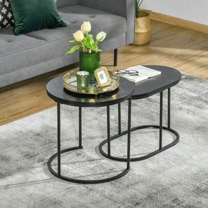 Set Of 2 Round Oval Coffee Tables By HOMCOM, Stackable Up To 30 Kg, Made Of MDF And Steel, Black, Ø 50 X 50.5 Cm (H), For Living Room