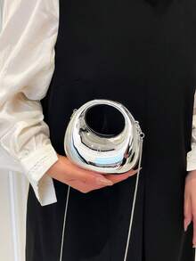 Túi xách dự tiệc hình tròn màu kim loại thời trang, túi xách tay hình tròn có vòng khuyết, túi đeo vai/đeo chéo đa năng. - Bạc - Xem 3