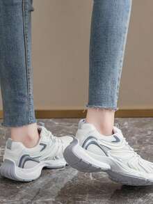 Women's Thick Sole Platform Sneakers, Fashionable Style, Shaping, Non-Slip, Lightweight, Breathable Mesh, Casual Running Shoes, Spring/Autumn - Grey - View 5