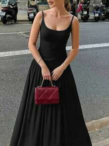 女士时尚无袖方领修身A字迷你连衣裙，梭织面料 - 黑色 - 查看 5