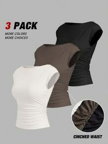 JTI 3pcs Y2K Pleated Waist Camisole, Boat Neck Fitted Vest, Basic Elegant Office Workwear - Multicolor - View 3