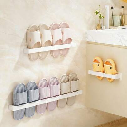 1pc/2pcs No-Punching Wall-Mounted Shoes Rack, Plastic Storage Rack For Slippers Shoes Towel And More, Multi-Functional Storage Organizer, Waterproof&Moisture Proof Towel Holder Hanger, Bathroom Shelf, Space-Saving Easy Installation Shoes Organizer, Bathroom Accessories