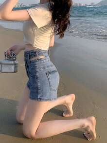 New Y2K Style Solid Color Hollow-Out High Waist Women Denim Shorts Casual Summer - Blue - View 3