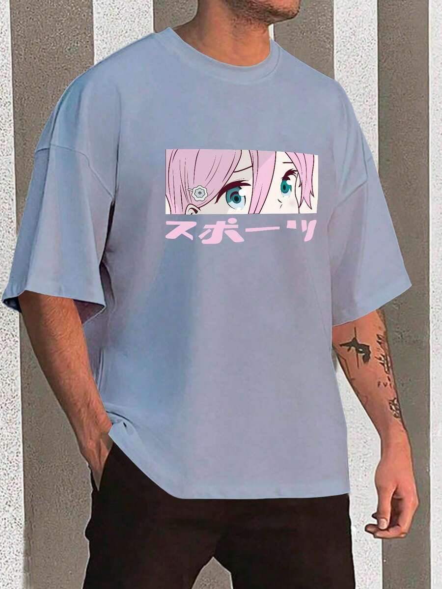 Y2K Anime Eye Print Oversized T-Shirt, Loose Fit, Premium Soft Fabric, Summer/Spring - 淺藍色 - 查看 1