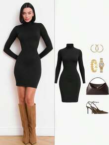 Đầm ngắn tay dài ôm sát, co giãn, cổ cao, thanh lịch, tối giản dành cho nữ hiệu Vuslat, thích hợp mặc mùa xuân, dự tiệc Valentine, dự đám cưới, mặc thường ngày, đầm đen. - màu đen - Xem 6