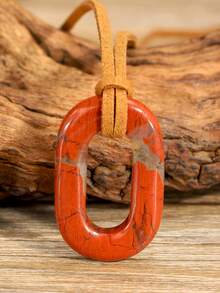 Natural Stone O-Shaped Pendant Necklace, Vintage Geometric Ellipse Design, Suede Cord, Unisex Couple Jewelry - Multicolor - View 17