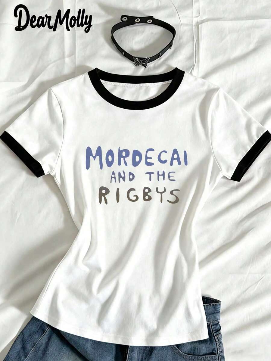 DEAR MOLLY 新款字母印花撞色T恤，女士款，柔软透气，短袖休闲运动T恤，圆领运动时尚夏季款 - 彩色 - 查看 1