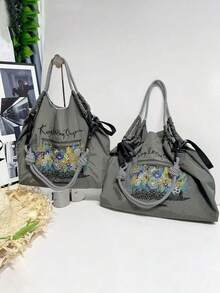 1 chiếc túi tote nylon dáng rộng, thêu hoa, nhẹ, có thể gấp gọn, dung tích lớn, dây đeo vai điều chỉnh được, thích hợp cho đi làm, đi biển, lễ hội, tiệc tùng. - Nhiều màu - Xem 2