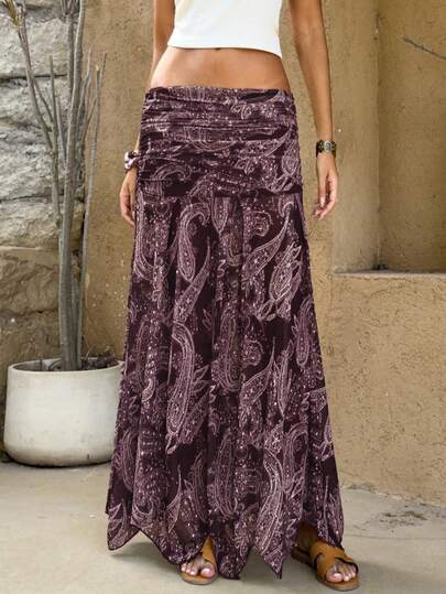 Falda asimétrica con estampado de flores de anacardo vintage, de malla transparente y cintura baja, con un toque retro versátil para vacaciones de verano