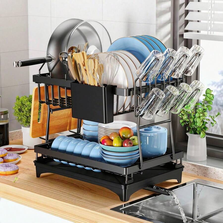 Rustproof Stainless Steel Dish Drying Rack, 2-Tier Large Dish Rack For Kitchen Countertops,With Utensil Holder,Drainer Plate,Cup Holder,Or Dishes Knives Spoons Forks,Black - màu đen - Xem 1
