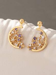 1 Đôi bông tai hình trăng sao sang trọng, bông tai hình ngôi sao đính đá Cubic Zirconia màu tím dành cho nữ, trang sức bông tai phong cách Trung Đông dịp lễ Eid. - Nhiều màu - Xem 2