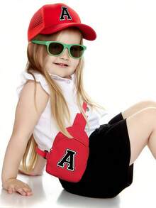 2pcs Kids Red 26 Letter Personalized Sponge Mesh Cap Set, Fashionable Cool Breathable Sunshade Hollow Design Baseball Cap & Compact Lightweight Versatile Pouch, Gift Set, Suitable For 5-8 Years Old Boys & Girls Casual, School, Travel In Spring/Summer - Red - View 2