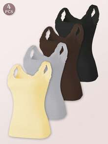 4pcs Women Solid Color Lace Trim Decor Round Neck Sleeveless Camisole Patchwork Tank Top, Lightweight - Multicolor - View 2