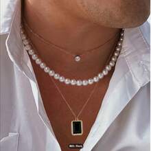 Set de 3 collares para hombre con colgante asimétrico de diamante 3D y perla falsa, accesorio de diseño minimalista de lujo - Conjunto de collar - Ver 5