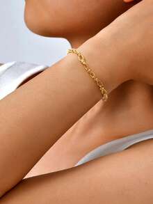 1 pieza Brazalete de mujer de moda con relieve, minimalista, de acero inoxidable, cadena pura, accesorio de mano - Amarillo Oro - Ver 5