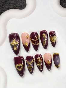 10pcs Vintage Luxury Gel Nail Art Set, Acrylic Press-On Nails, Retro Asymmetrical Rose, Hollow Heart Nail Decor, Golden Cross, Starry, Chain Design, Mini Golden Rhinestone Decoration, Golden Framed Nail Decor Nail Supplies Handmade Press On Nails - Multicolor - View 10