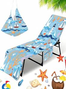 Nautical Beach Chair Cover & Towel, With Side Pockets, Thick Quick-Dry, Suitable For Lounge Chair, Pool, Sunbathing, Garden, Beach, Hotel, Non-Slip, Travel, Swim Pool Towel, Beach Bag, Back To School