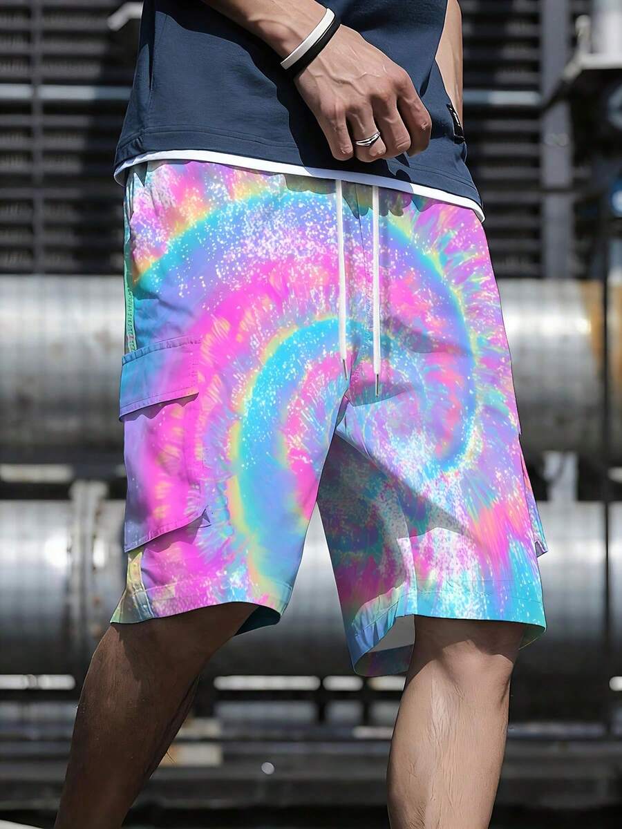 Stylish Men's Bottoms - Men's Cargo Shorts, Drawstring Waist Design, Versatile And Fashionable, Woven Non-Stretch Fabric, Machine Washable, Rainbow Tie-Dye Glitter Pattern, Suitable For Outdoor Sports, Casual Commuting. - Nhiều màu - Xem 1