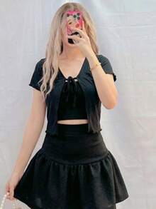 Solid Color Cropped Shrug Women Short Thin Jacket With Tie Shawl Collar, Versatile Summer Cardigan Thin Top Black - Black - View 3