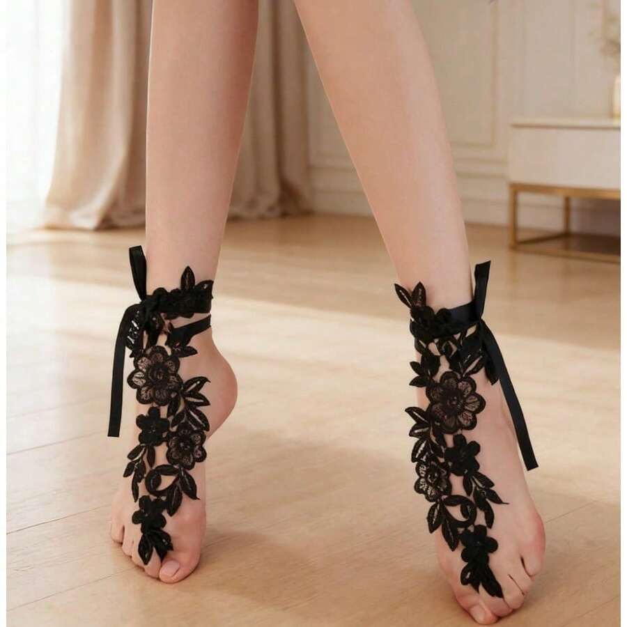 Lace Hollow Ankle Chain, Sexy Lingerie Leg Chain Anklet, Erotic Accessory | USA - màu đen - Xem 1
