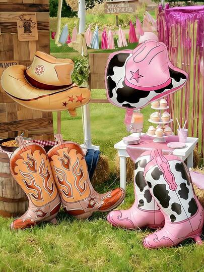 kumozawa 3 件套牛仔主题派对装饰气球，适用于“牛仔和女牛仔”主题派对装饰、牛仔靴、牛仔帽（男女皆宜）、奶牛主题、谷仓派对、运动派对/单身派对/乡村派对/迪斯科粉色西部女牛仔派对装饰、婴儿派对。